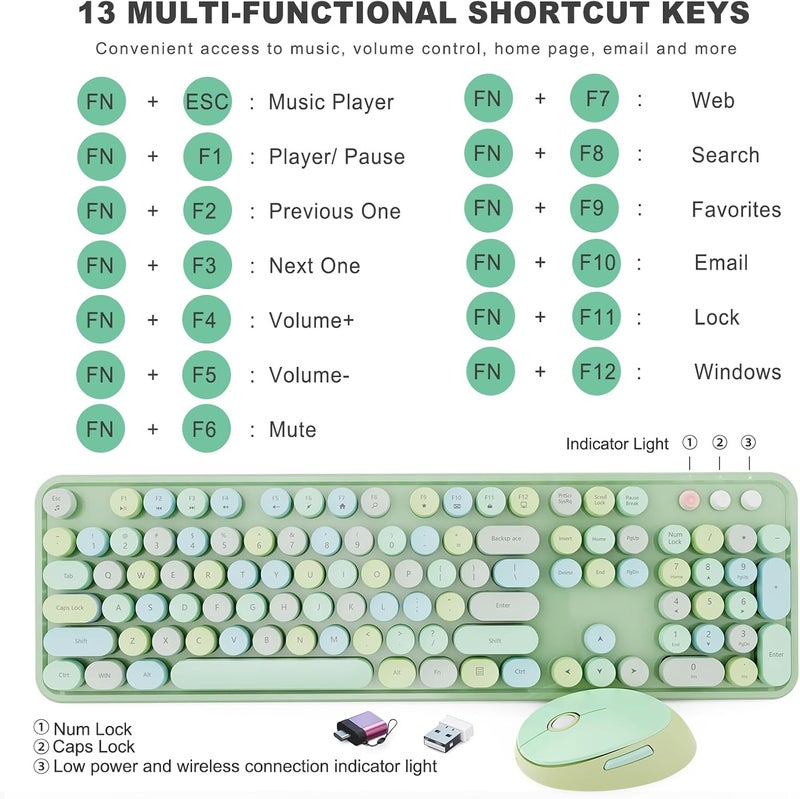 SkyGive Wireless Keyboard and Mouse Combo, Ergonomic Full Size Typewriter Retro Round Keycaps Keyboard, Compatible with Windows, PC, Perfer for Home and Office Keyboards (Green - Image 4